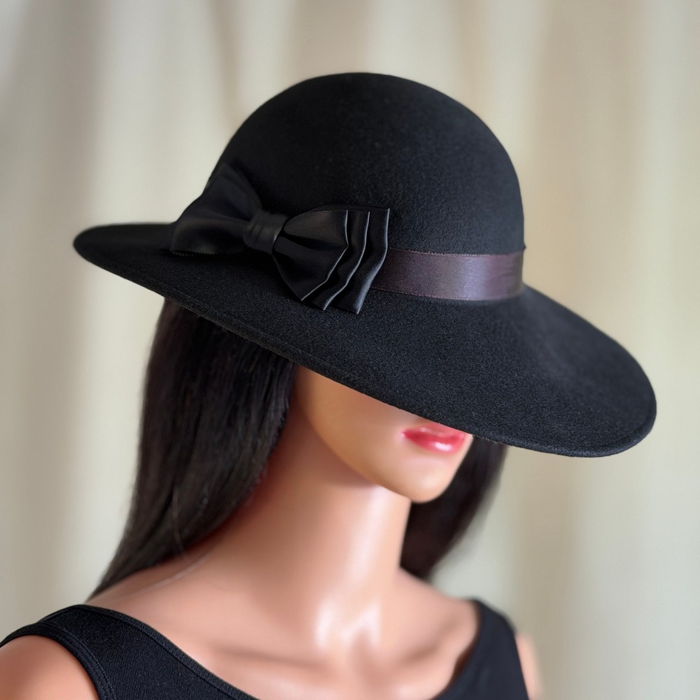 Vtg 90s Geo W Bollman Co Black Doeskin Felt 100% Wool Wide Brim Cloche Hat Bow
